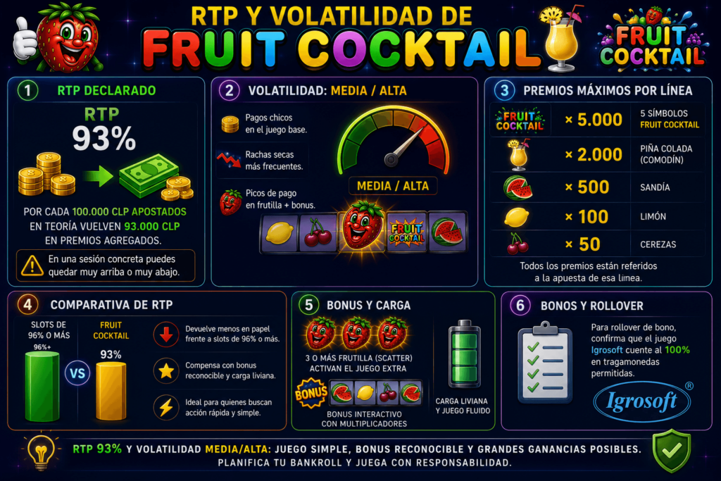 Infografía sobre el RTP, volatilidad, premios máximos y características de bono de Fruit Cocktail.