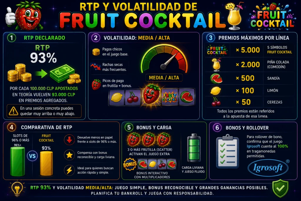Infografía sobre el RTP, volatilidad, premios máximos y características de bono de Fruit Cocktail.